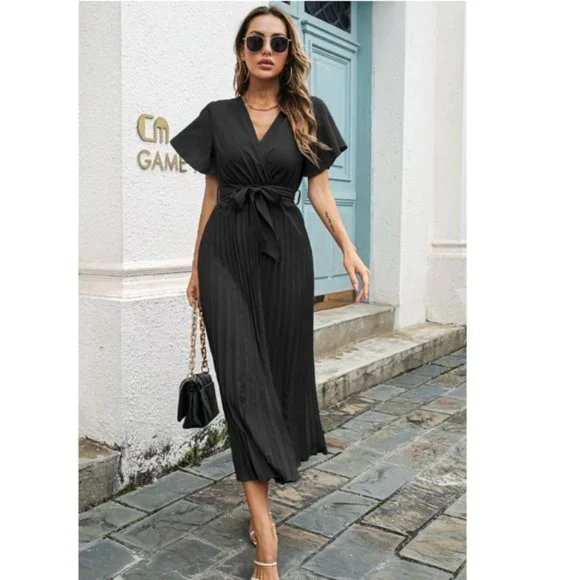 Flutter Sleeve Belted Surplice Midi Dress - Picture 7 of 9